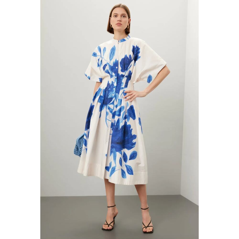 Natori White Midi Dress with Blue Floral Print